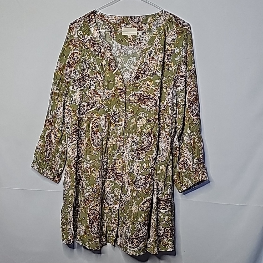 Anthropologie Melloday paisley tunic button down peasant sleeve green top sz L